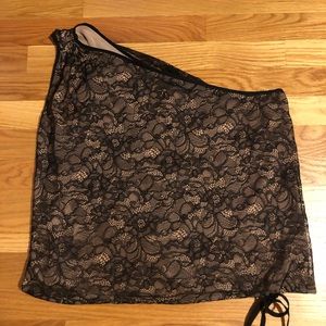 BCBG one shoulder black and nude lace top